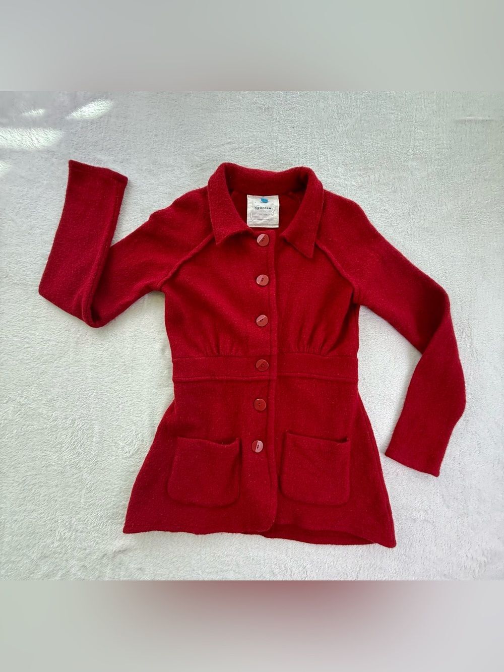 Sparrow 100% Wool Red Button Front Jacket Collared Pockets Size S - Picture 2 of 8